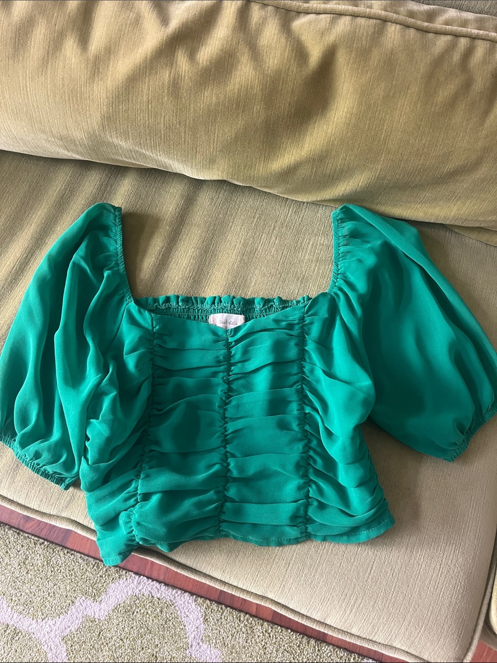 Green Ruched Puff-Sleeve Women's Top